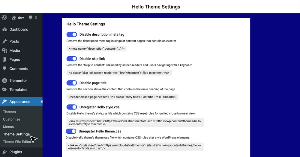 elementor 3.17 – 通过 ajax、更快的访问速度等提升访客体验 8 hello-theme-settings